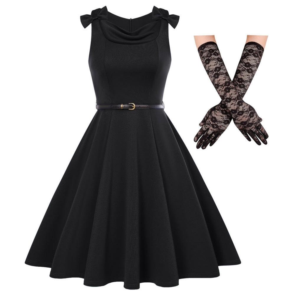 NWT - 1950's Style Black Sleeveless A Line Dress w Belt & Lace Gloves - 2XL